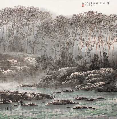 郭明堂 寒水疏林 镜心